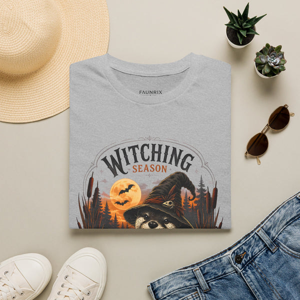 Witching Season T-Shirt — Halloween Witch Raccoon Graphic Tee
