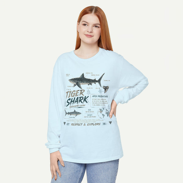 Tiger Shark Graphic Long Sleeve Tee — 'Tiger Shark' Educational Ocean Shirt