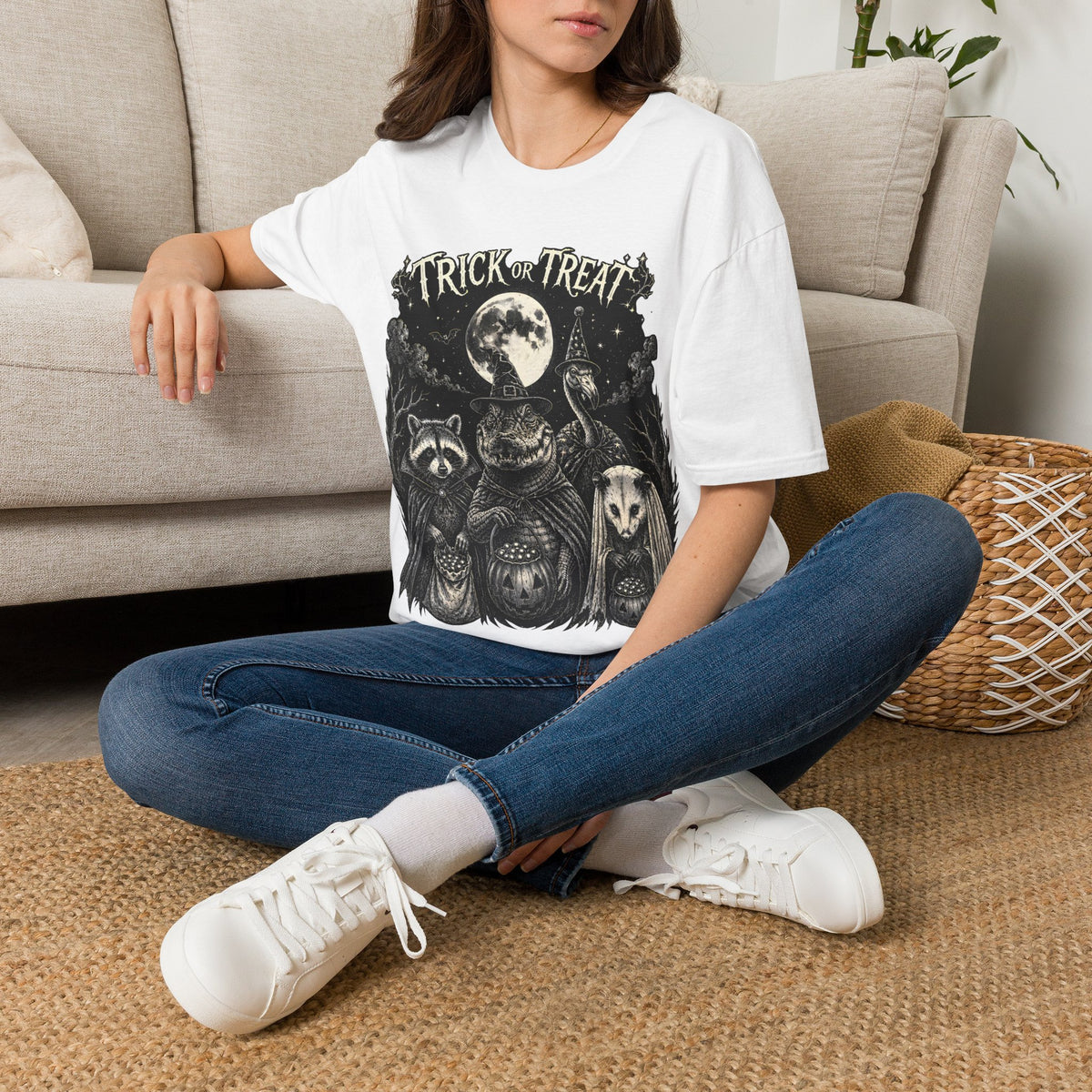 Trick or Treat Halloween T-Shirt — Vintage Moonlit Witch & Spooky Animals Tee