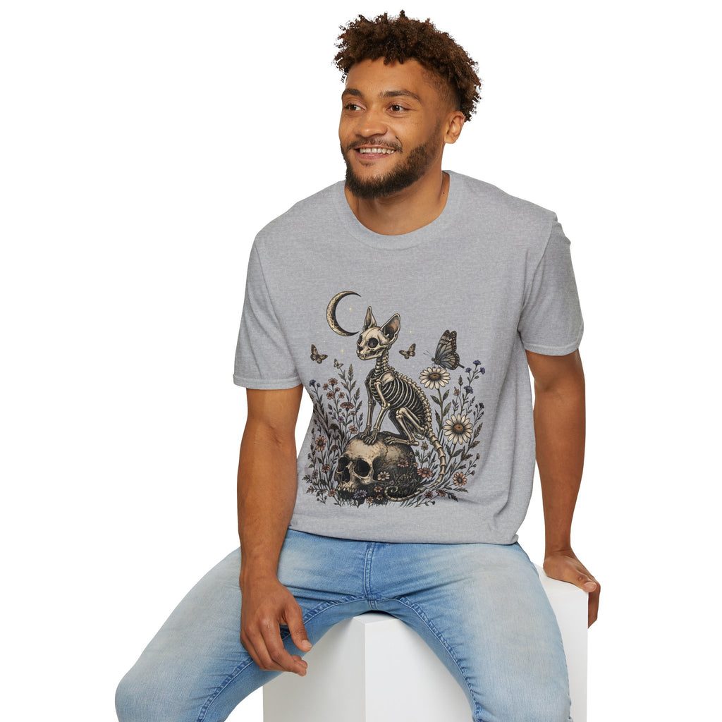 Skeleton Cat Moon T-Shirt — Gothic Floral Skull Tee