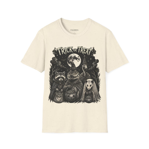 Trick or Treat Halloween T-Shirt — Vintage Moonlit Witch & Spooky Animals Tee
