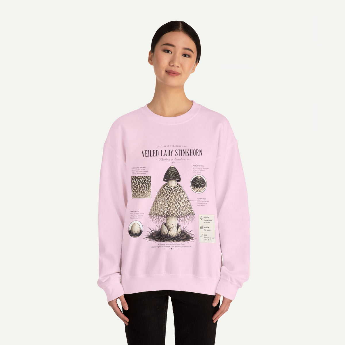 Veiled Lady Stinkhorn Mushroom Crewneck Sweatshirt — Botanical Mycology Graphic