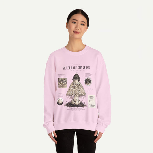 Veiled Lady Stinkhorn Mushroom Crewneck Sweatshirt — Botanical Mycology Graphic