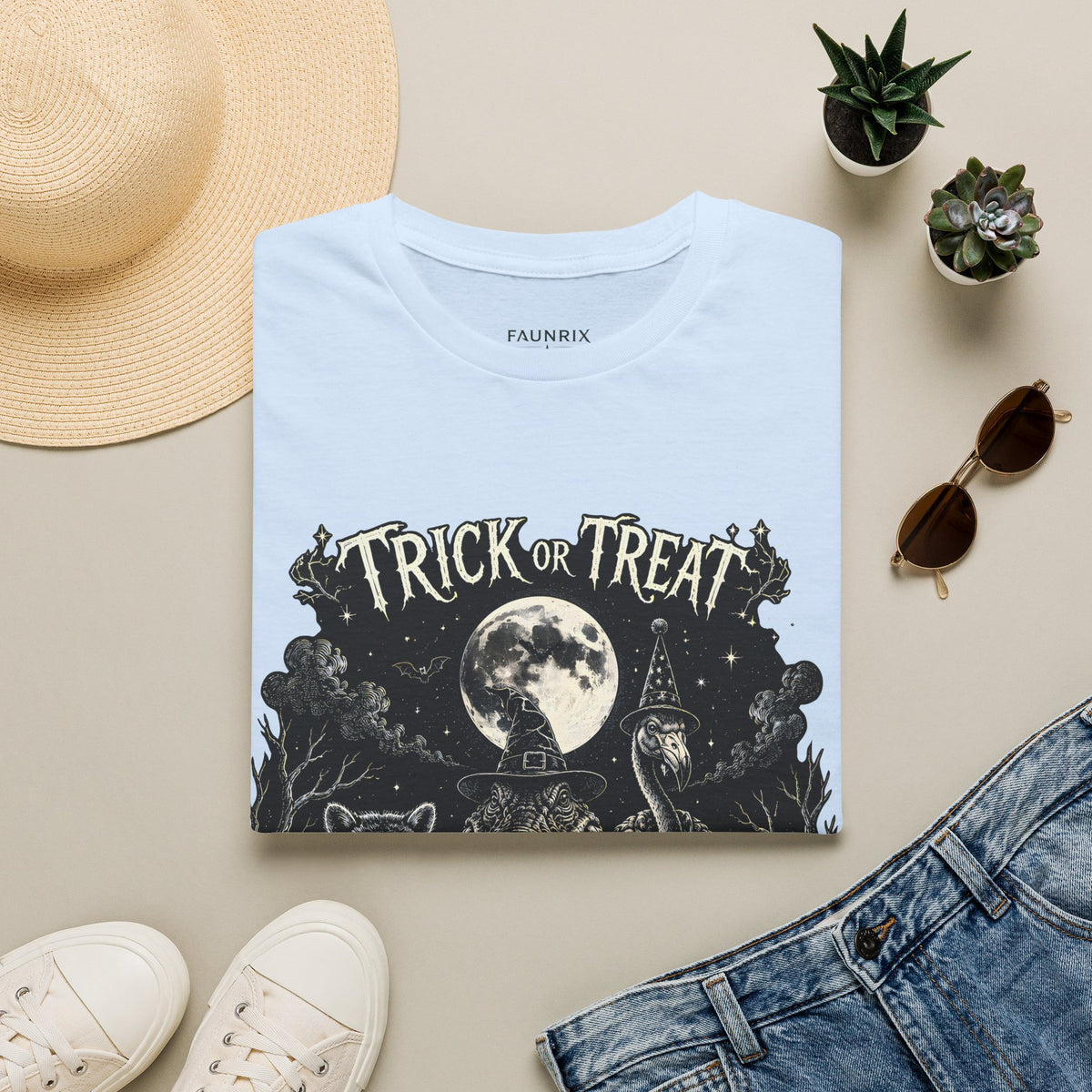 Halloween 'Trick or Treat' T-Shirt — Spooky Moon & Creatures Graphic