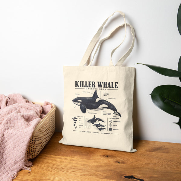 Killer Whale Anatomy Cotton Tote — Marine Biology Illustrated Canvas Bag