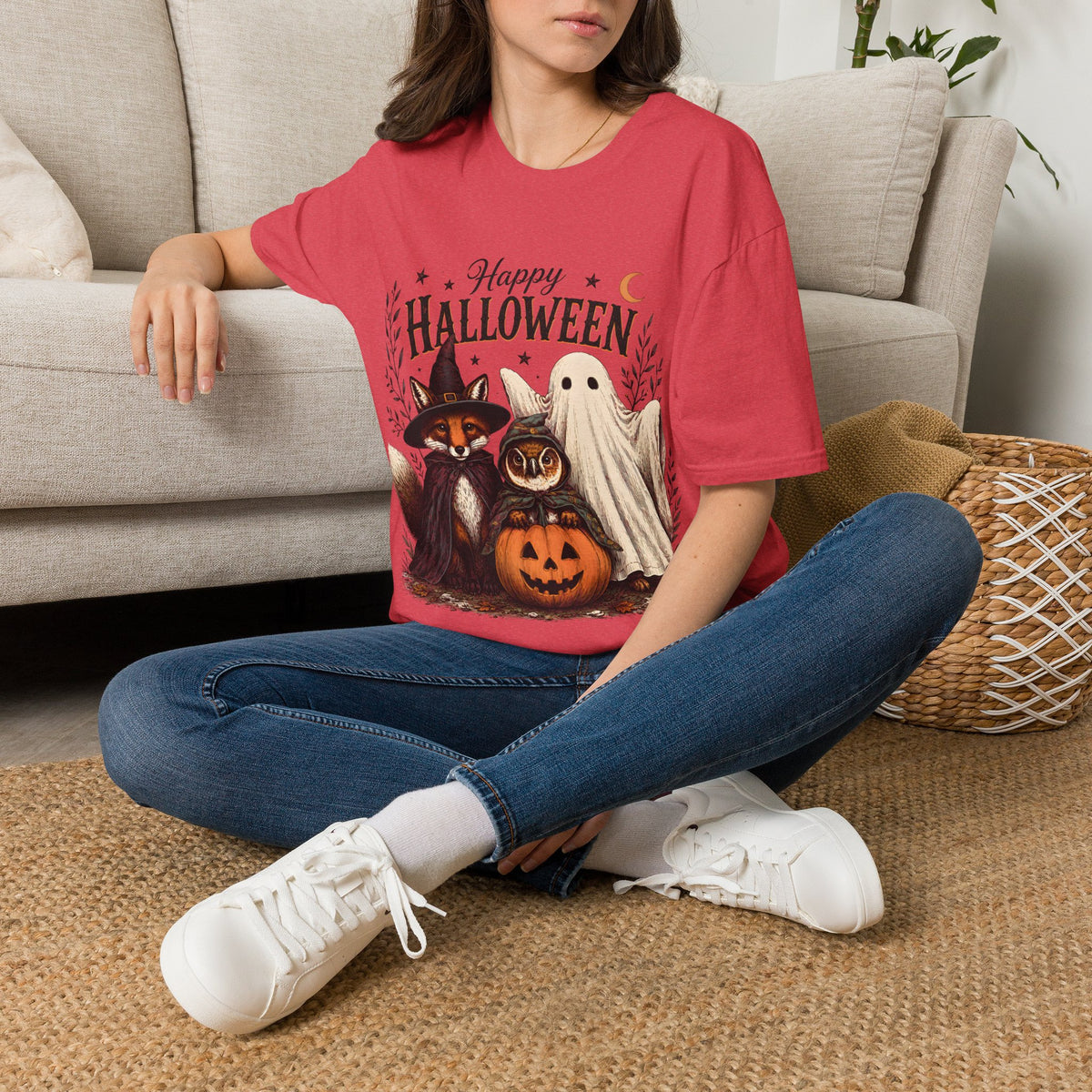 Happy Halloween T-Shirt — Cute Witch Cat & Ghost Pumpkin Graphic Tee