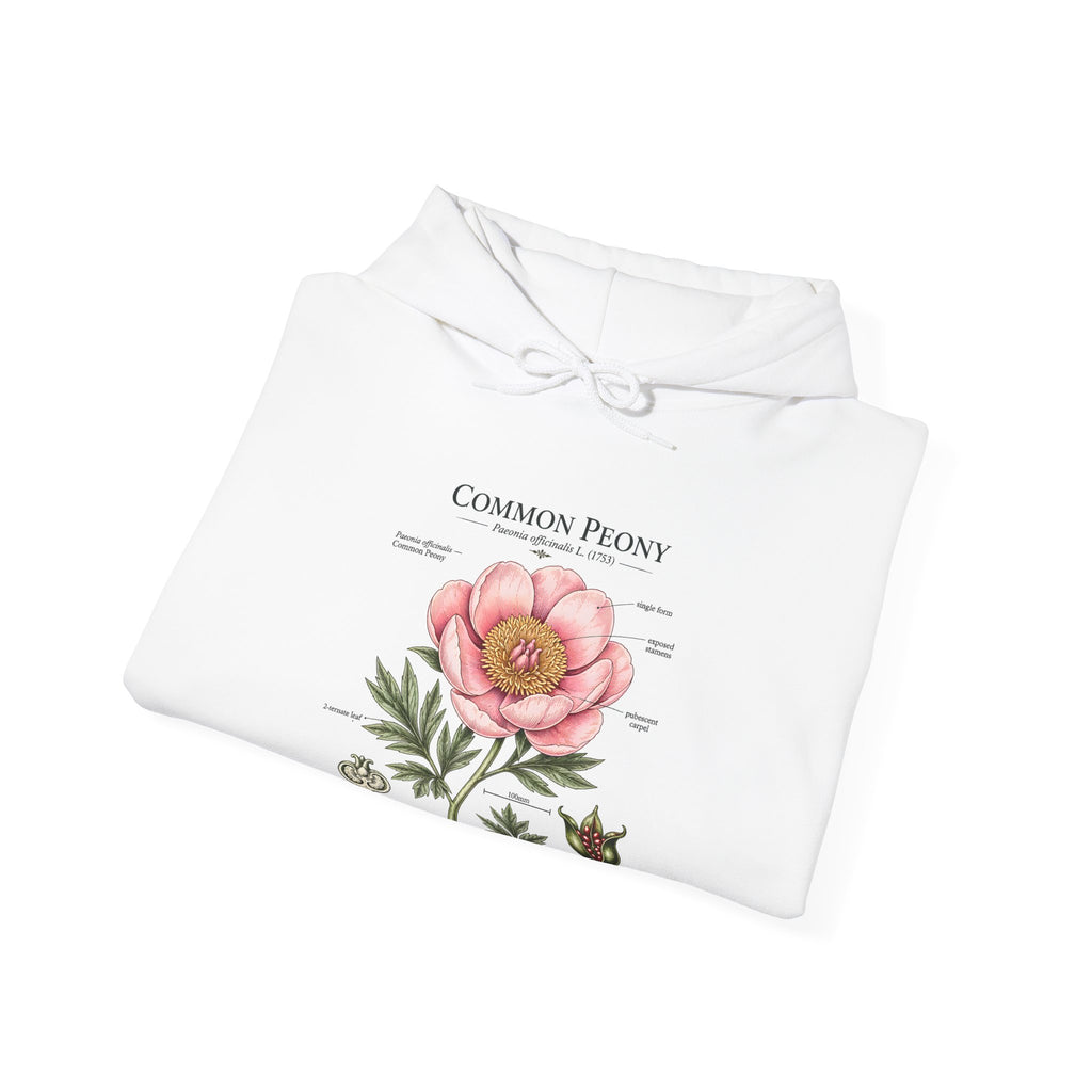 Peony Botanical Hoodie — "Common Peony" Vintage Floral Diagram Sweatshirt