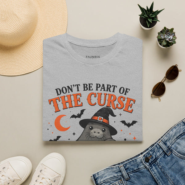 Don’t Be Part of The Curse Halloween T-Shirt — Cute Witch Cat "Be the Whole Haunting" Tee