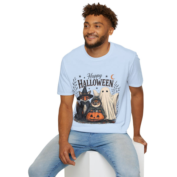 Happy Halloween T-Shirt — Cute Witch Cat & Ghost Pumpkin Graphic Tee