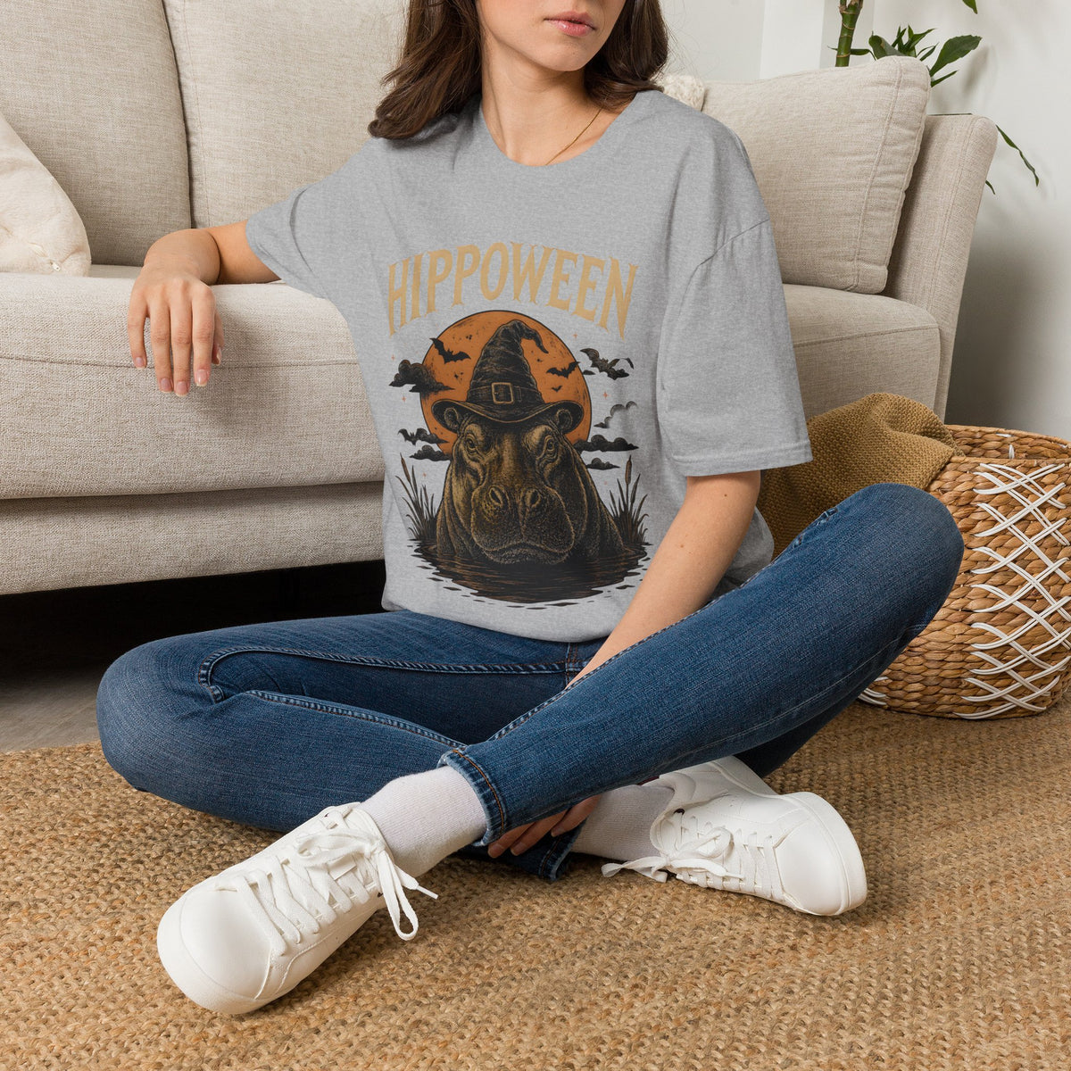 Hippoween Halloween T-Shirt — Hippo in Witch Hat Pumpkin Design