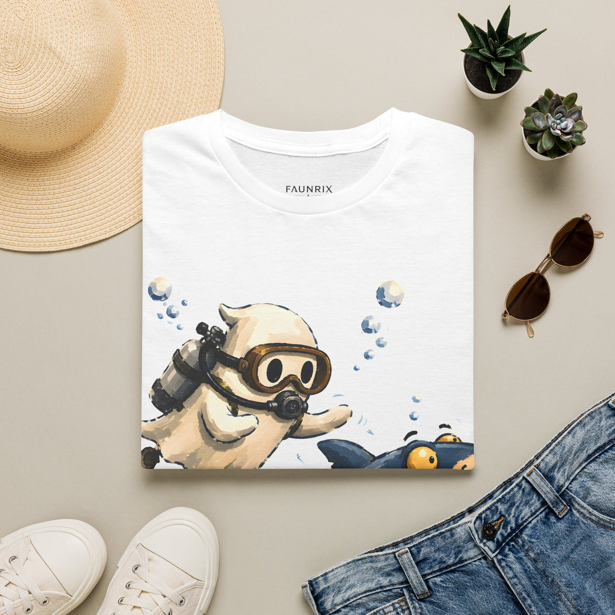 Dive Buddy T‑Shirt — Cute Scuba Pug Chasing Shark Illustration