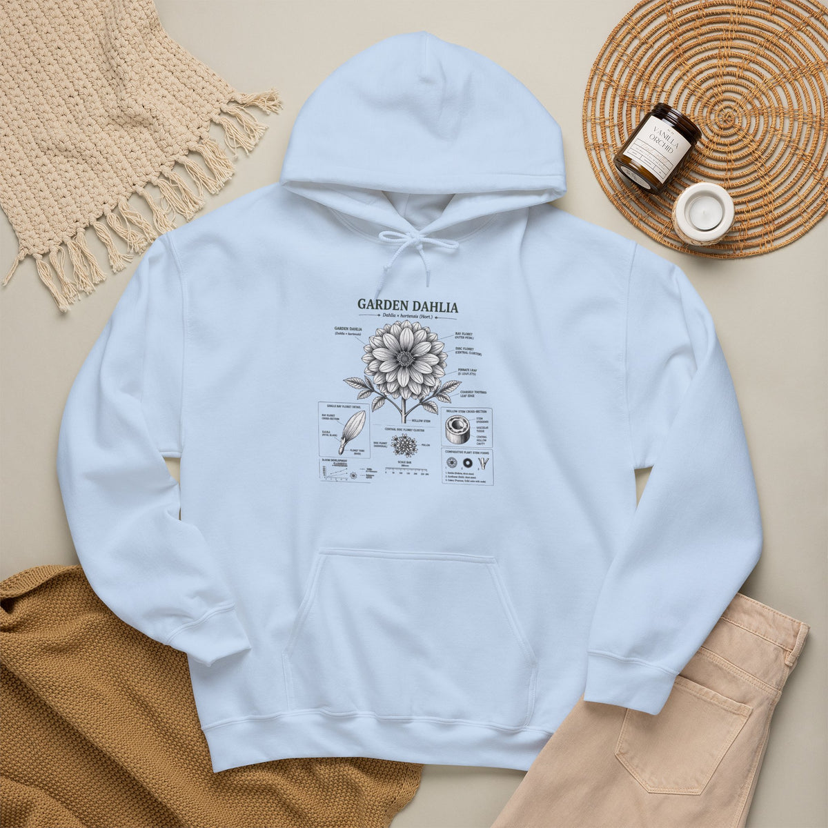 Dahlia Botanical Hoodie — Vintage Garden Diagram Sweatshirt