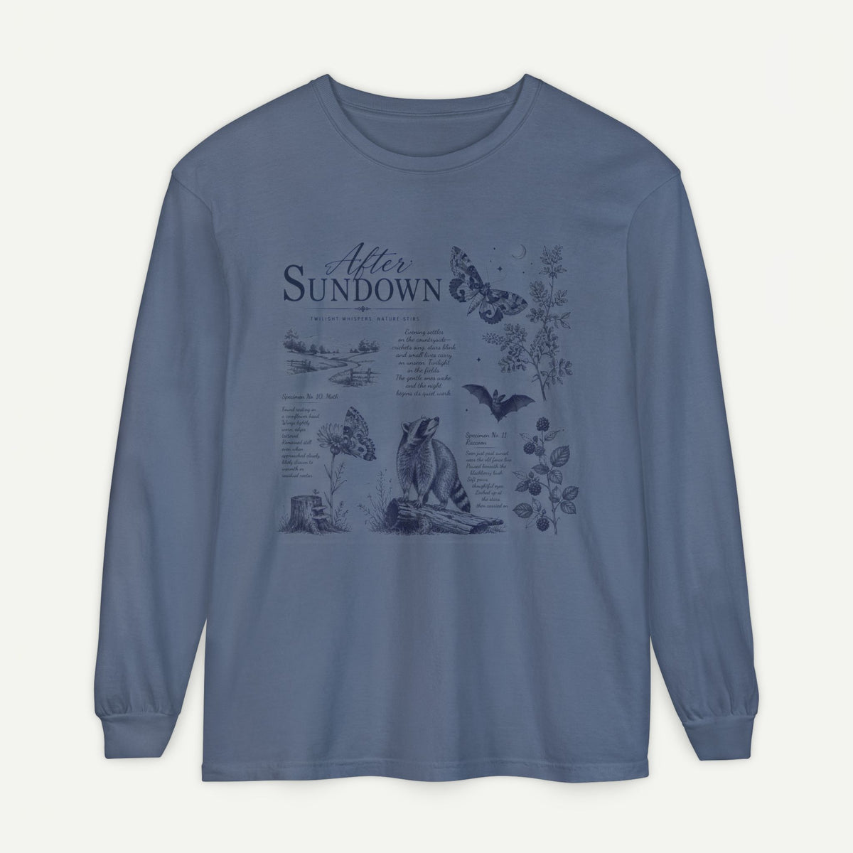 After Sundown Long Sleeve Tee — Vintage Moonlit Nature Graphic