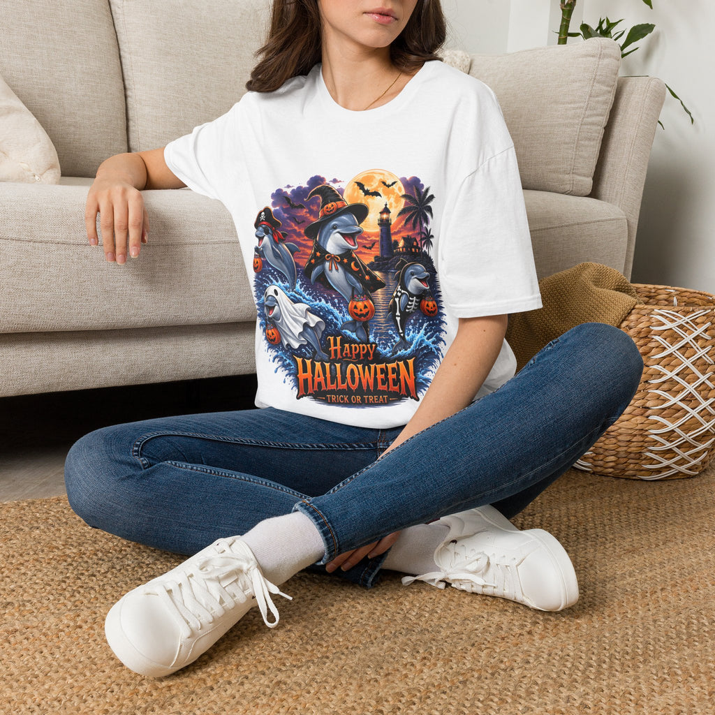 Halloween Dolphin T-Shirt — Cute Spooky Beach Scene with 'Happy Halloween'