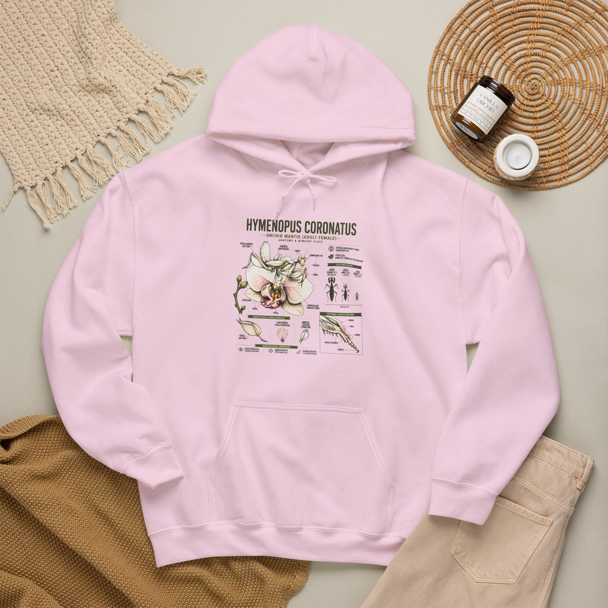 Botanical Hooded Sweatshirt — Hymenopus Coronatus Praying Mantis Illustration