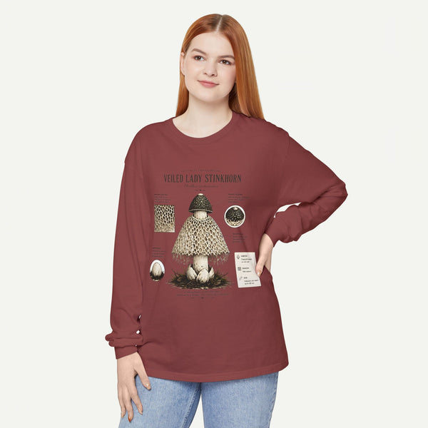 Veiled Lady Stinkhorn Mushroom Long Sleeve Tee — Botanical Fungi Illustration