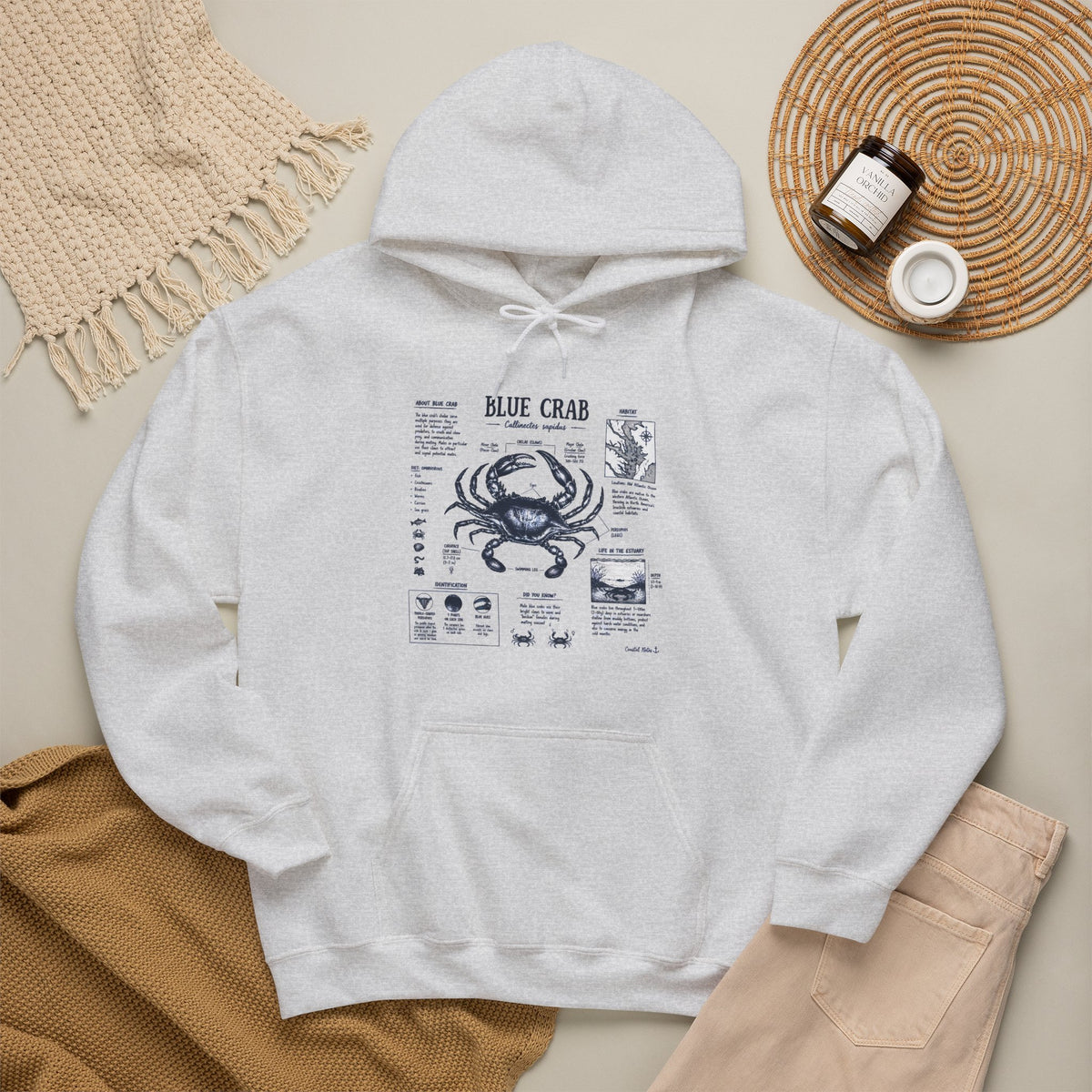 Blue Crab Anatomy Hoodie — Nautical Seafood Diagram Sweatshirt
