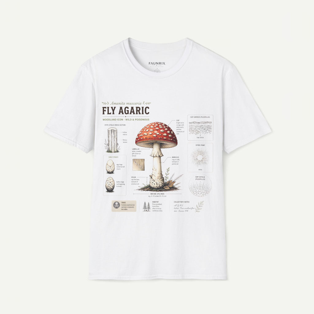 Amanita Mushroom Anatomy T-Shirt — Fly Agaric Botanical Illustration Tee