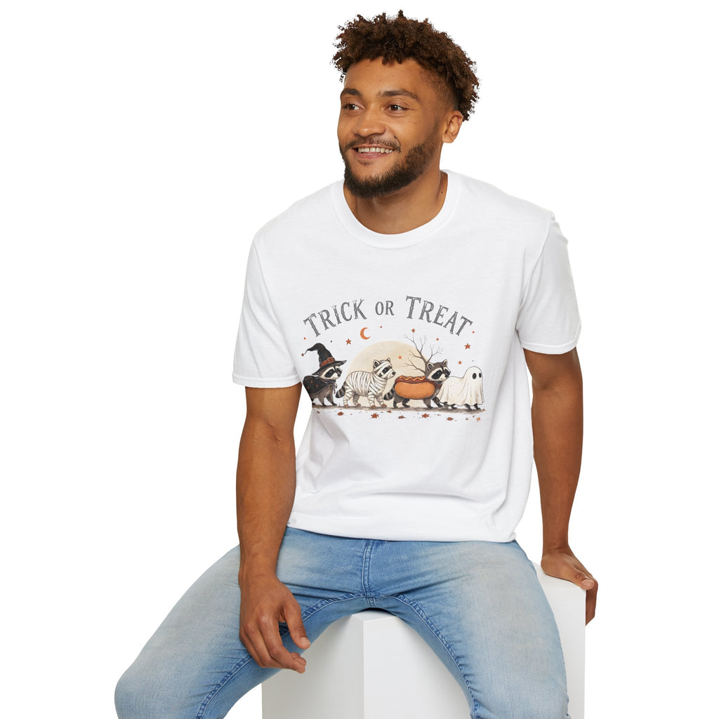 Trick or Treat Halloween T-Shirt — Cute Costume Raccoon, Mummy & Ghost Graphic