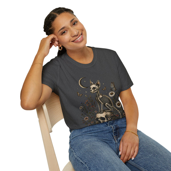 Skeleton Cat Moon T-Shirt — Gothic Floral Skull Tee