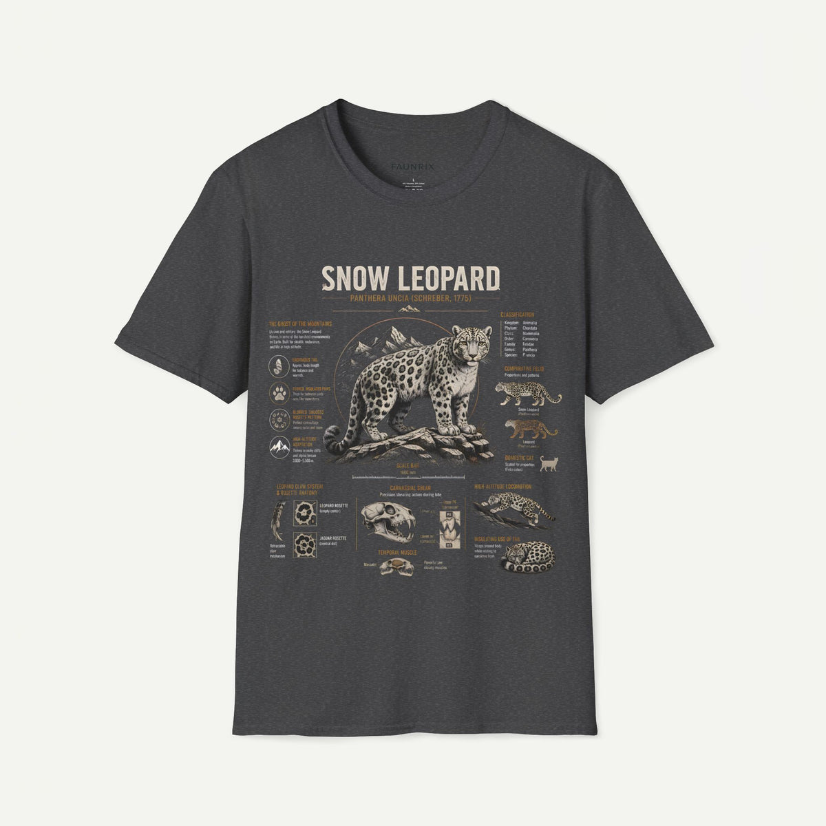 Snow Leopard Anatomy T-Shirt — Vintage Wildlife Illustration Tee