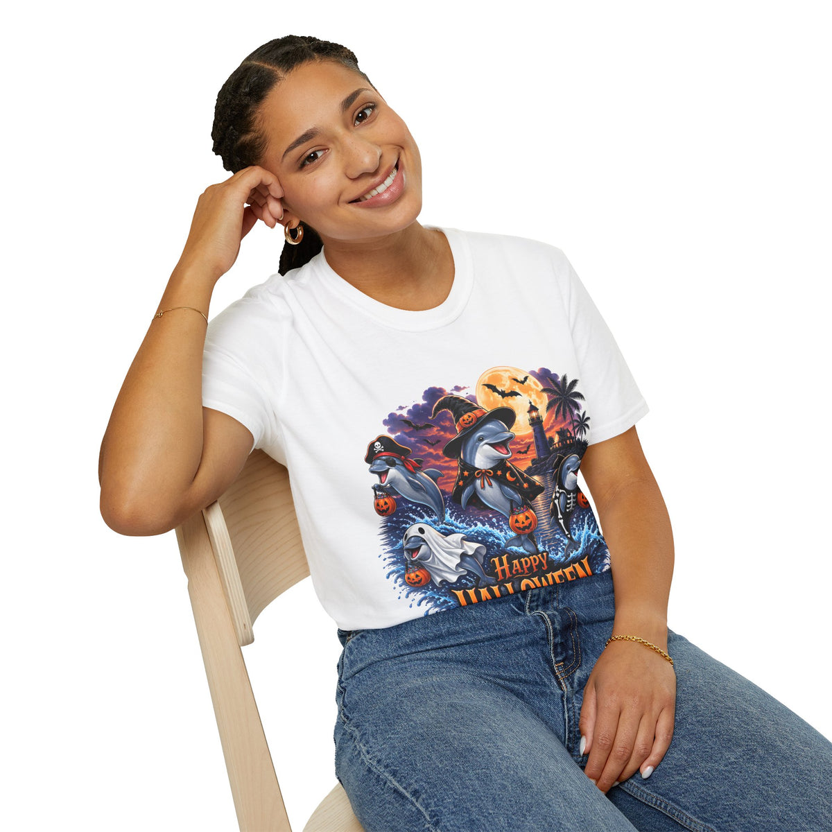 Halloween Dolphin T-Shirt — Cute Spooky Beach Scene with 'Happy Halloween'