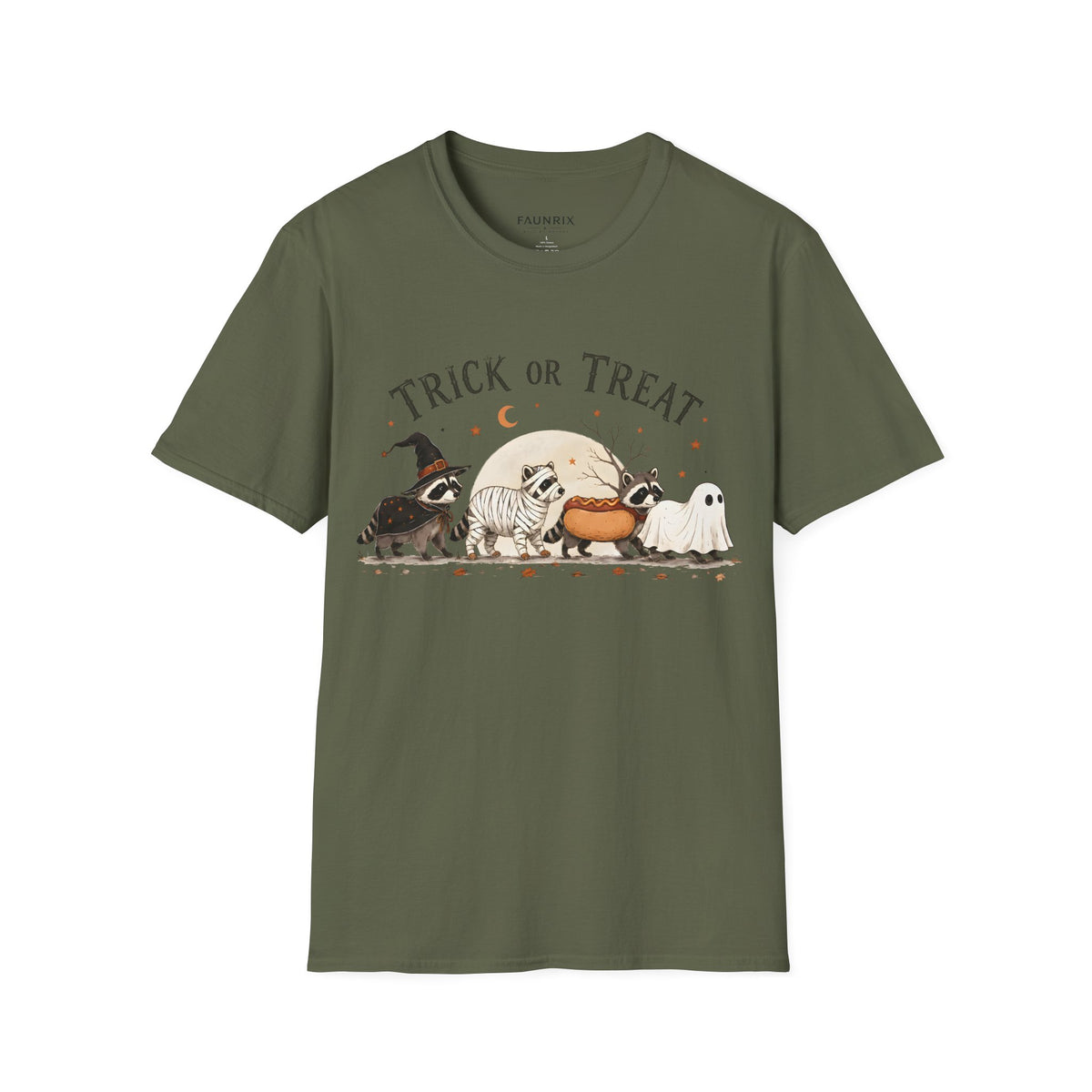 Trick or Treat Halloween T-Shirt — Cute Costume Raccoon, Mummy & Ghost Graphic Main image