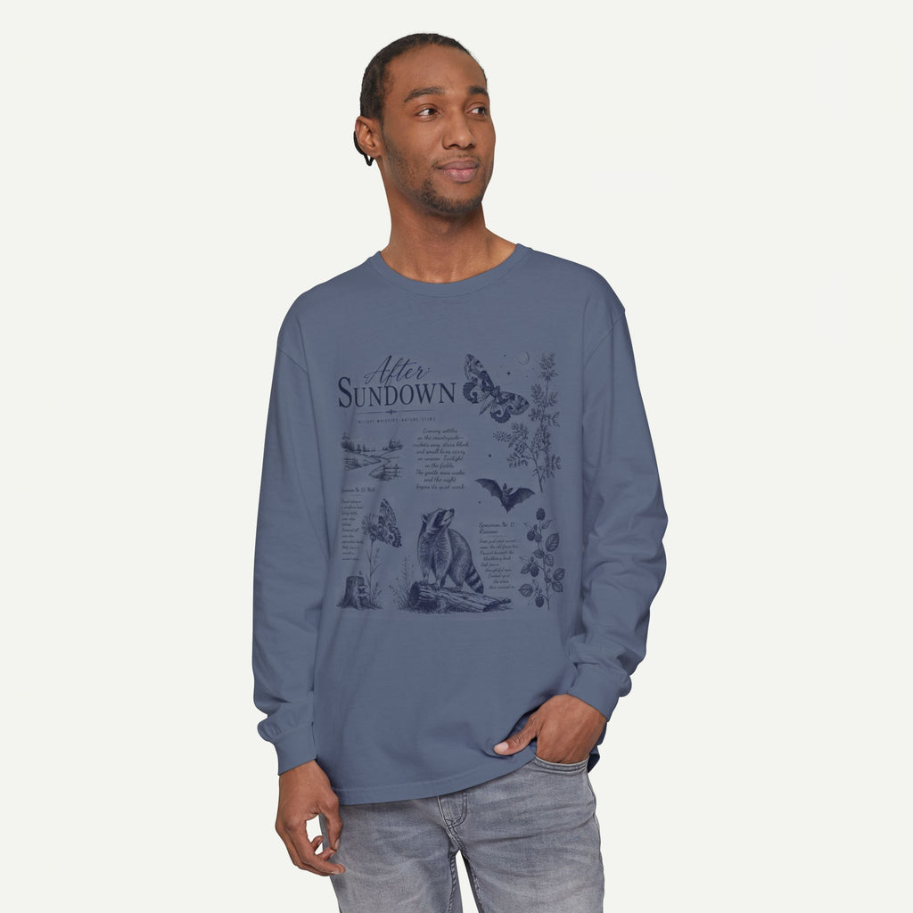 After Sundown Long Sleeve Tee — Vintage Moonlit Nature Graphic