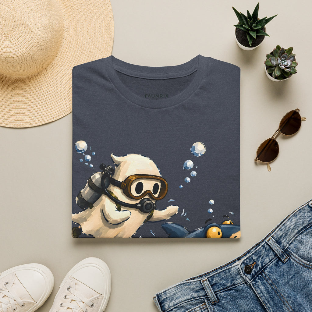 Dive Buddy T‑Shirt — Cute Scuba Pug Chasing Shark Illustration