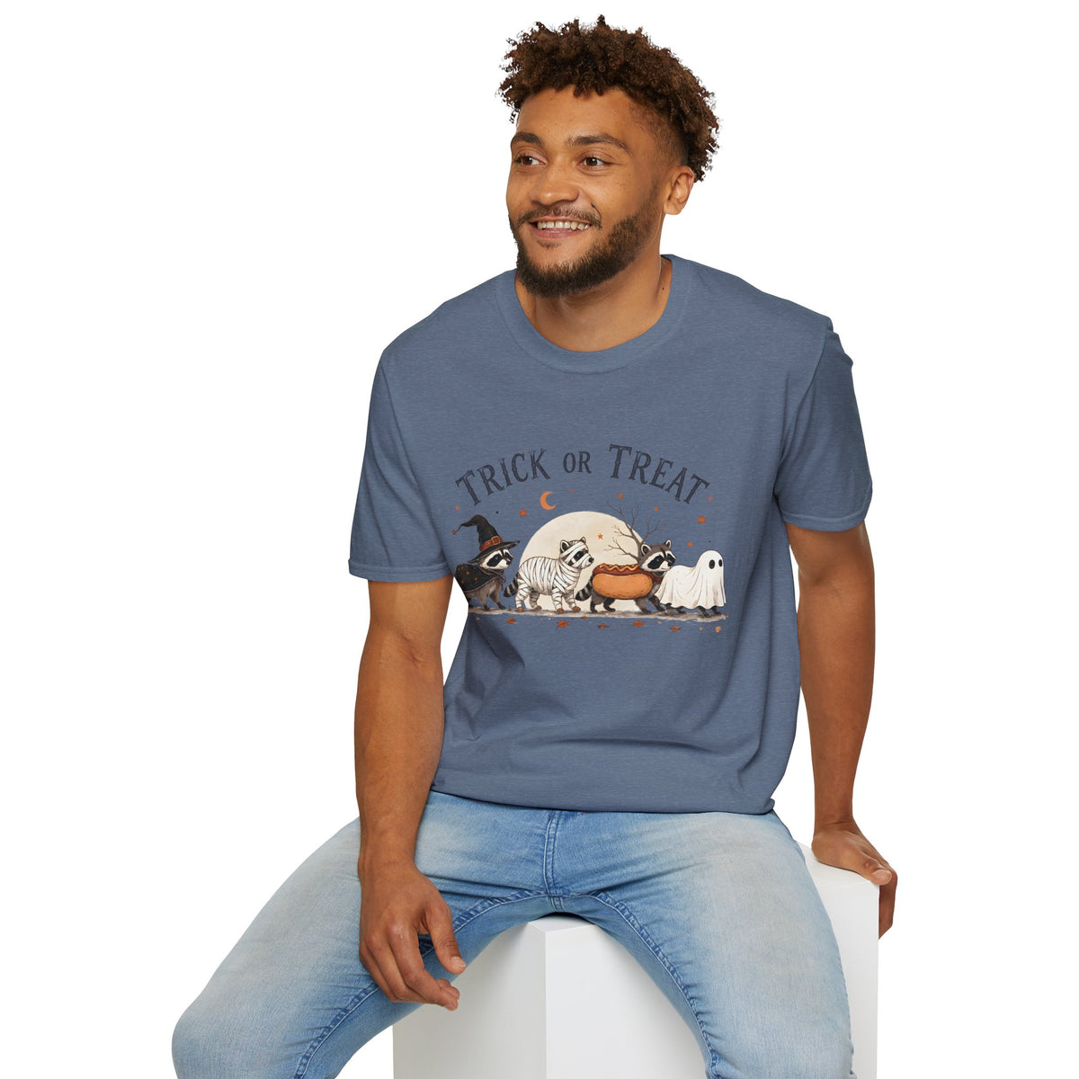 Trick or Treat Halloween T-Shirt — Cute Costume Raccoon, Mummy & Ghost Graphic