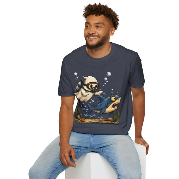 Dive Buddy T‑Shirt — Cute Scuba Pug Chasing Shark Illustration