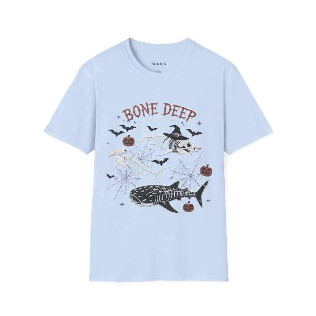 T-Shirt — "Bone Deep" Halloween Fish Skeleton Graphic Tee