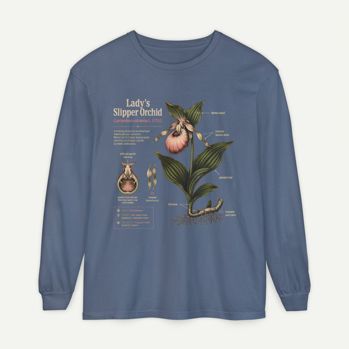 Lady's Slipper Botanical Long Sleeve Tee — Vintage Orchid Illustration