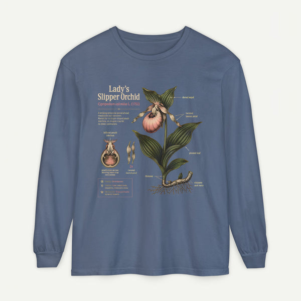 Lady's Slipper Botanical Long Sleeve Tee — Vintage Orchid Illustration