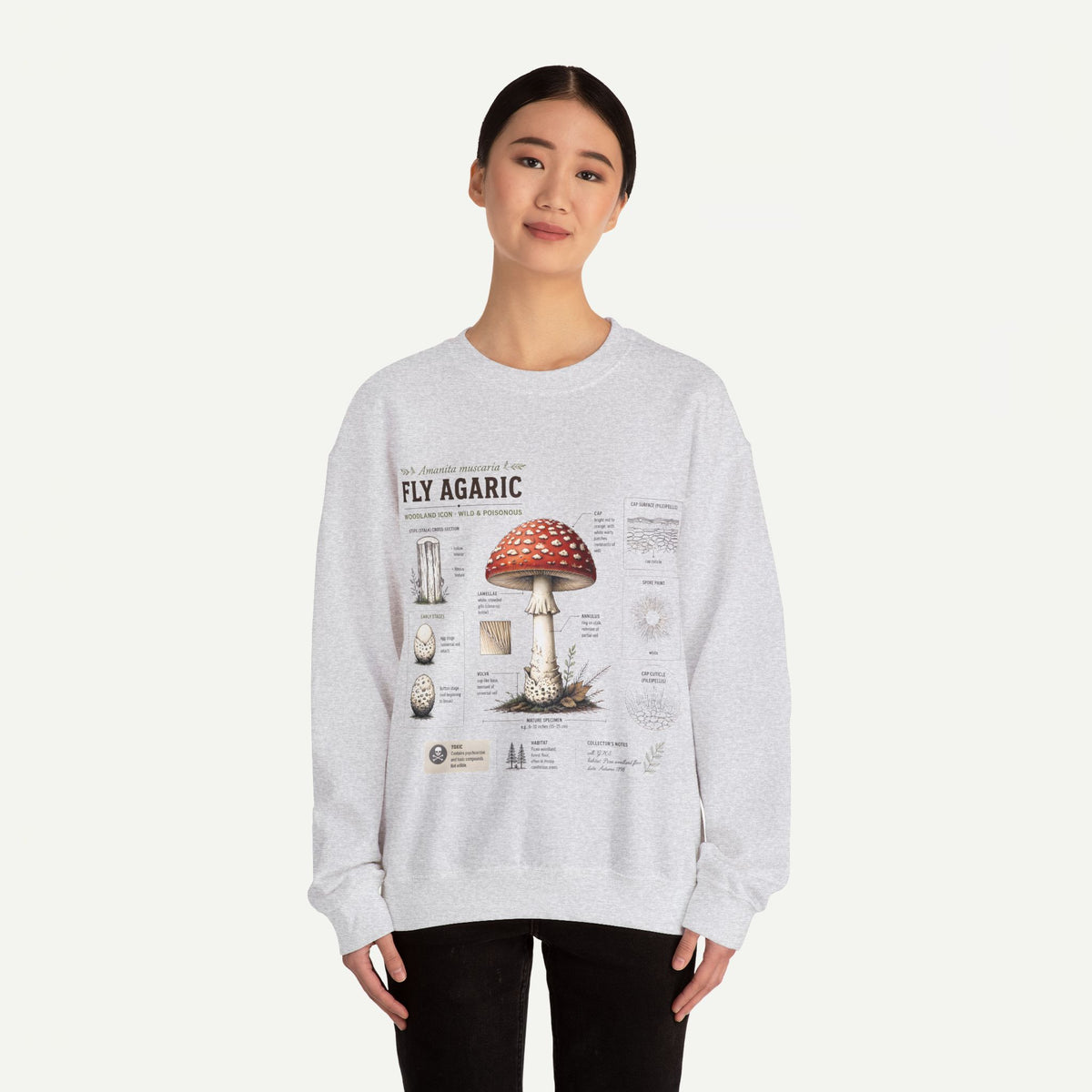 Fly Agaric Mushroom Anatomy Sweatshirt — Botanical Mycology Illustration Crewneck