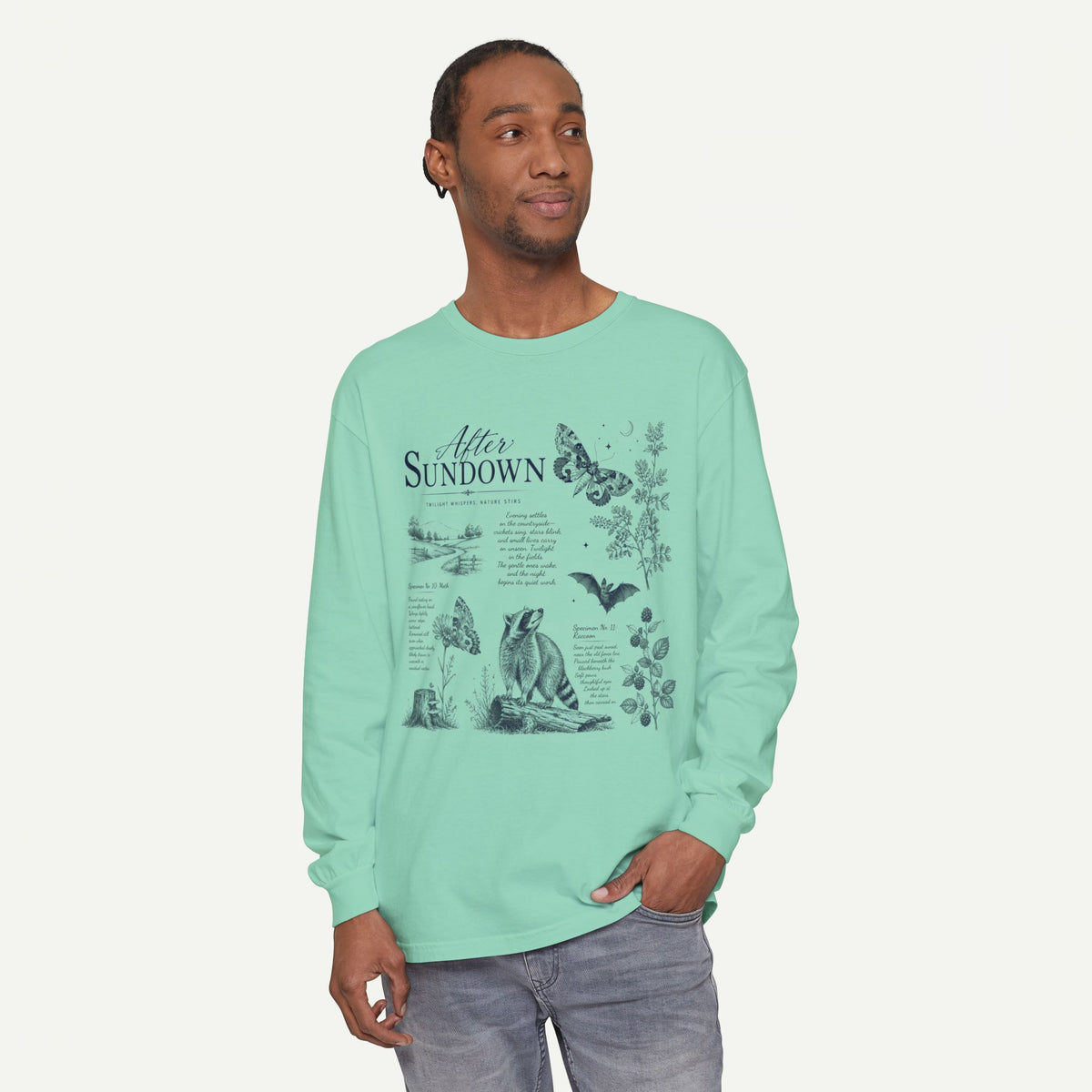 After Sundown Long Sleeve Tee — Vintage Moonlit Nature Graphic