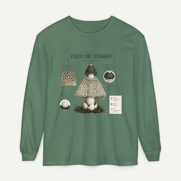 Veiled Lady Stinkhorn Mushroom Long Sleeve Tee — Botanical Fungi Illustration