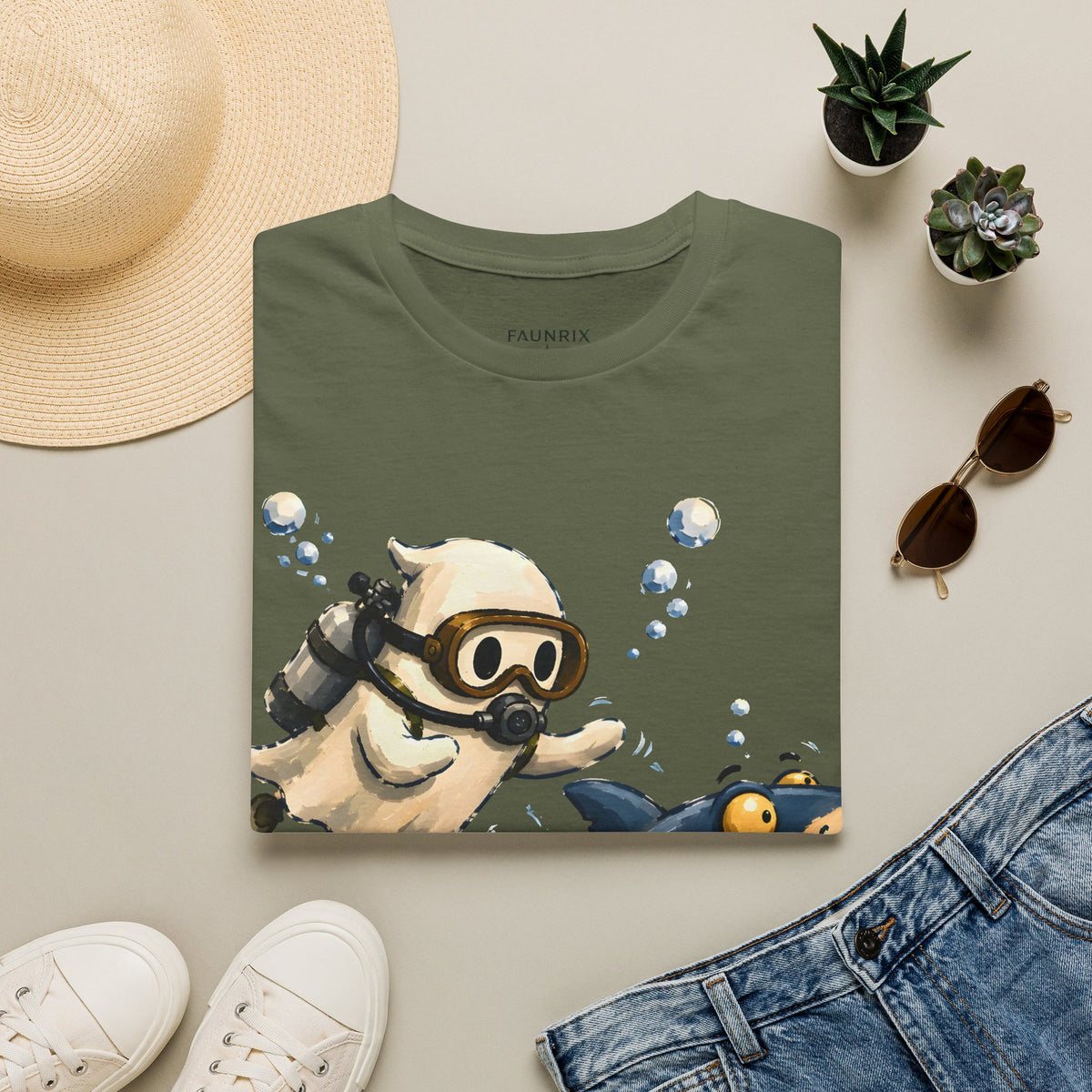 Dive Buddy T‑Shirt — Cute Scuba Pug Chasing Shark Illustration