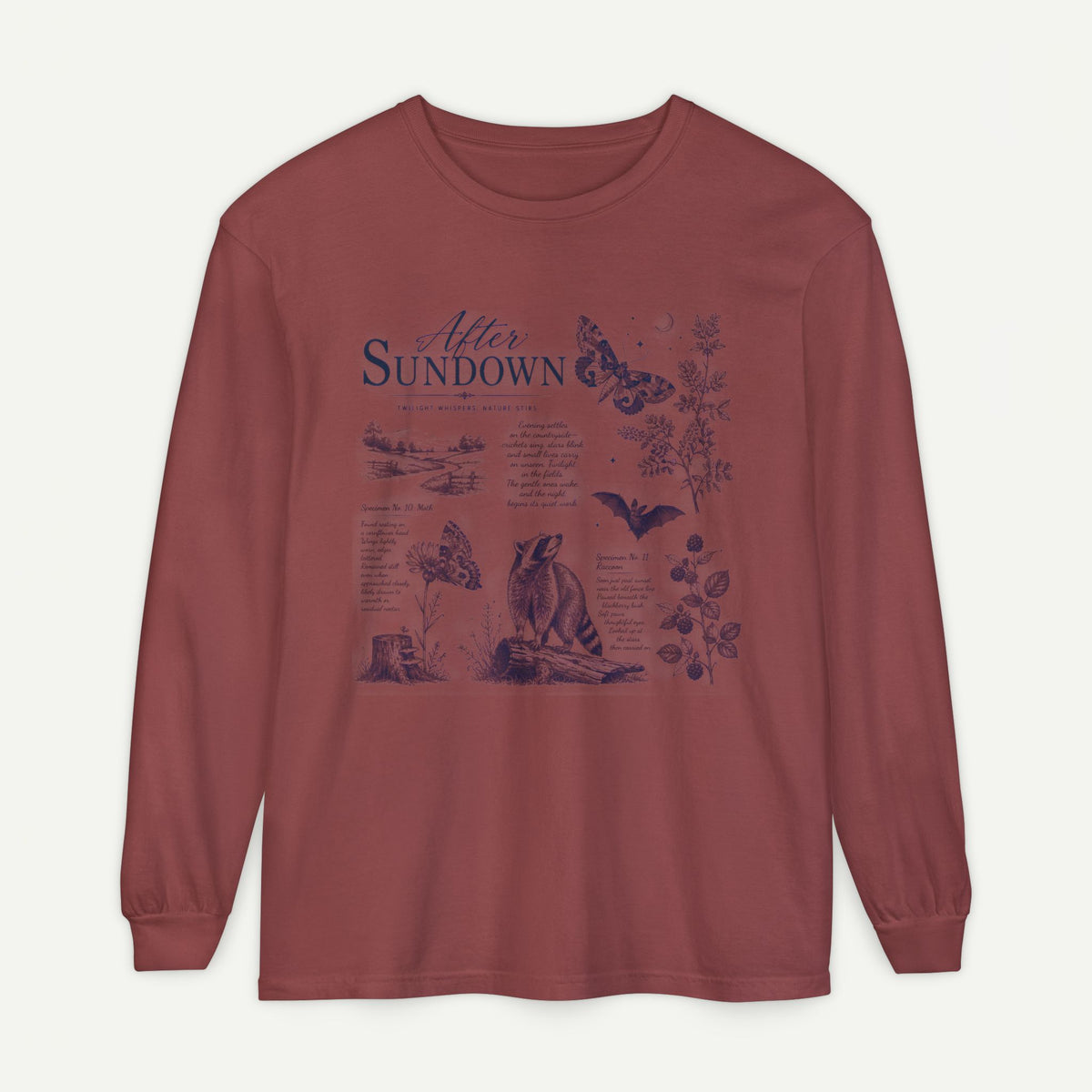 After Sundown Long Sleeve Tee — Vintage Moonlit Nature Graphic
