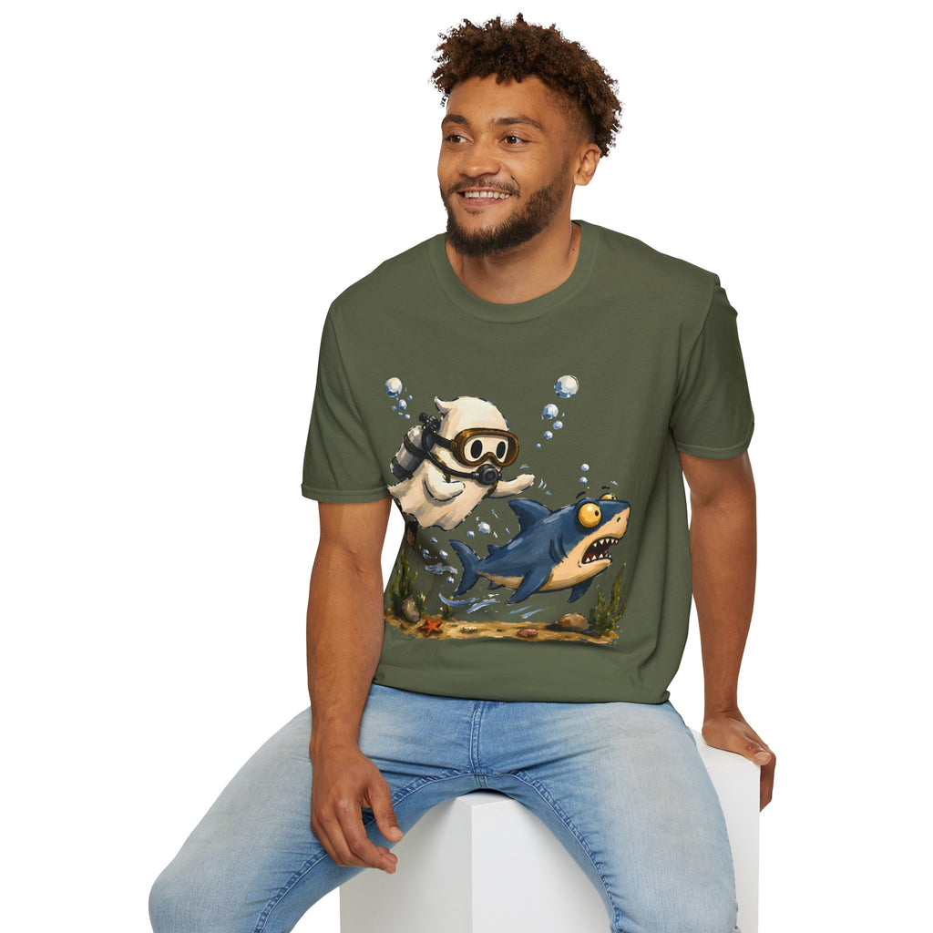 Dive Buddy T‑Shirt — Cute Scuba Pug Chasing Shark Illustration