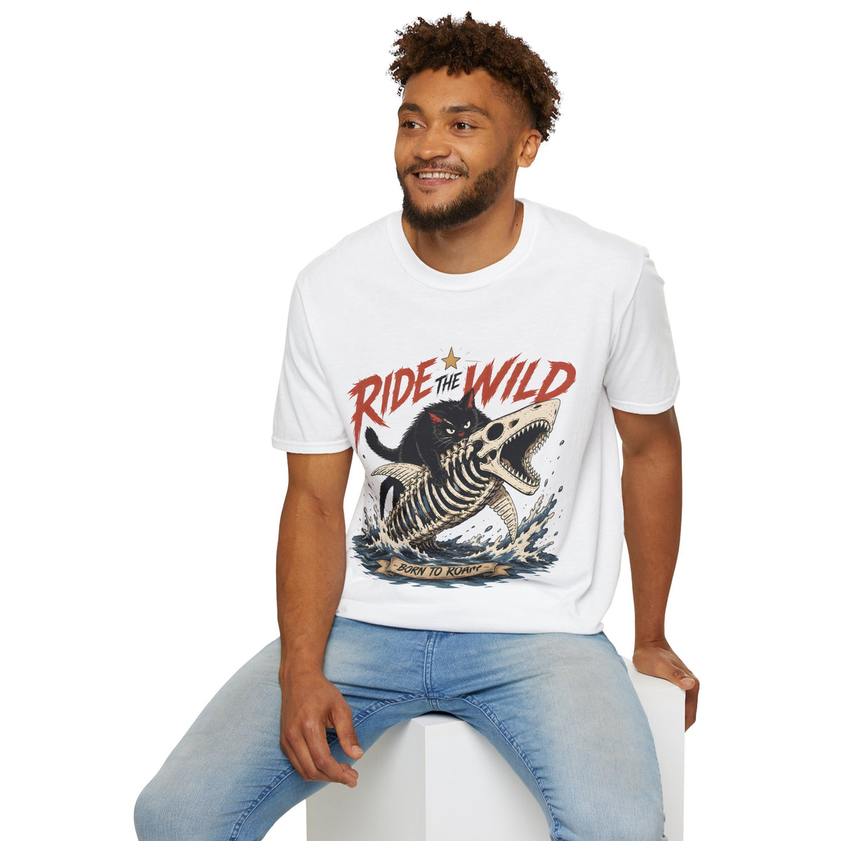 Ride the Wild T-Shirt — Cat Riding Dinosaur Skull Graphic Tee