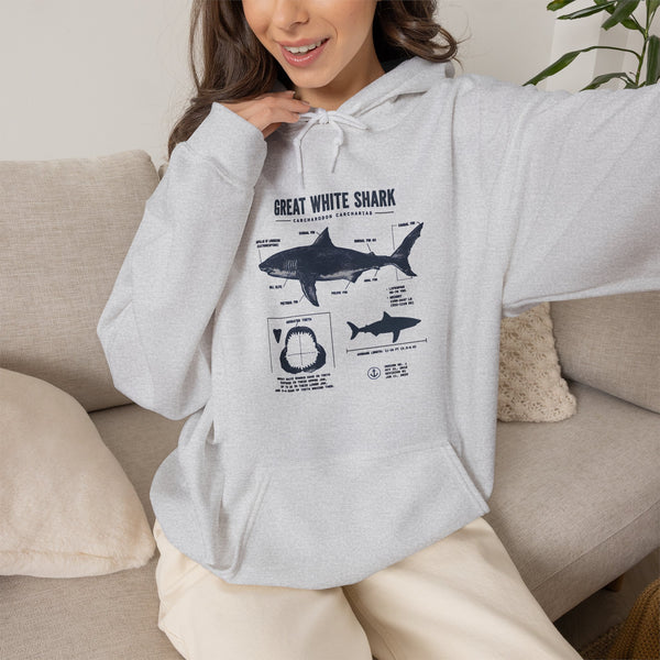 Shark Diagram Hoodie — Great White Shark Anatomy Graphic Sweatshirt
