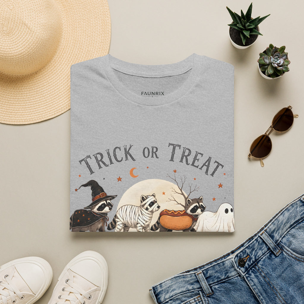 Trick or Treat Halloween T-Shirt — Cute Costume Raccoon, Mummy & Ghost Graphic