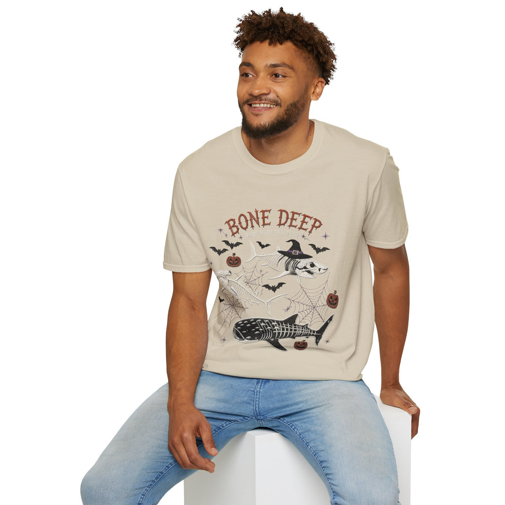 T-Shirt — "Bone Deep" Halloween Fish Skeleton Graphic Tee