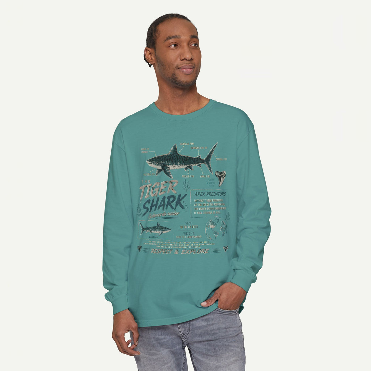 Tiger Shark Graphic Long Sleeve Tee — 'Tiger Shark' Educational Ocean Shirt