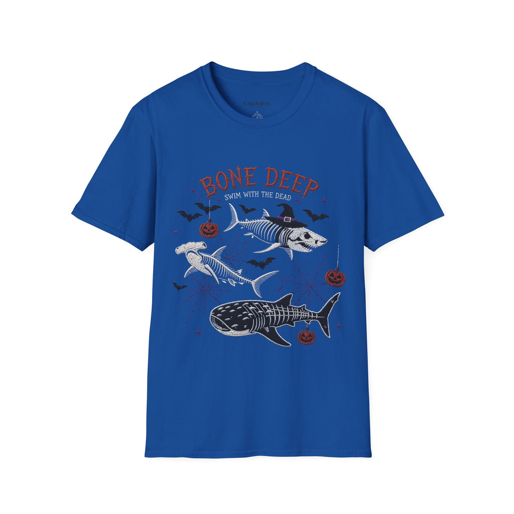 T-Shirt — "Bone Deep" Halloween Fish Skeleton Graphic Tee