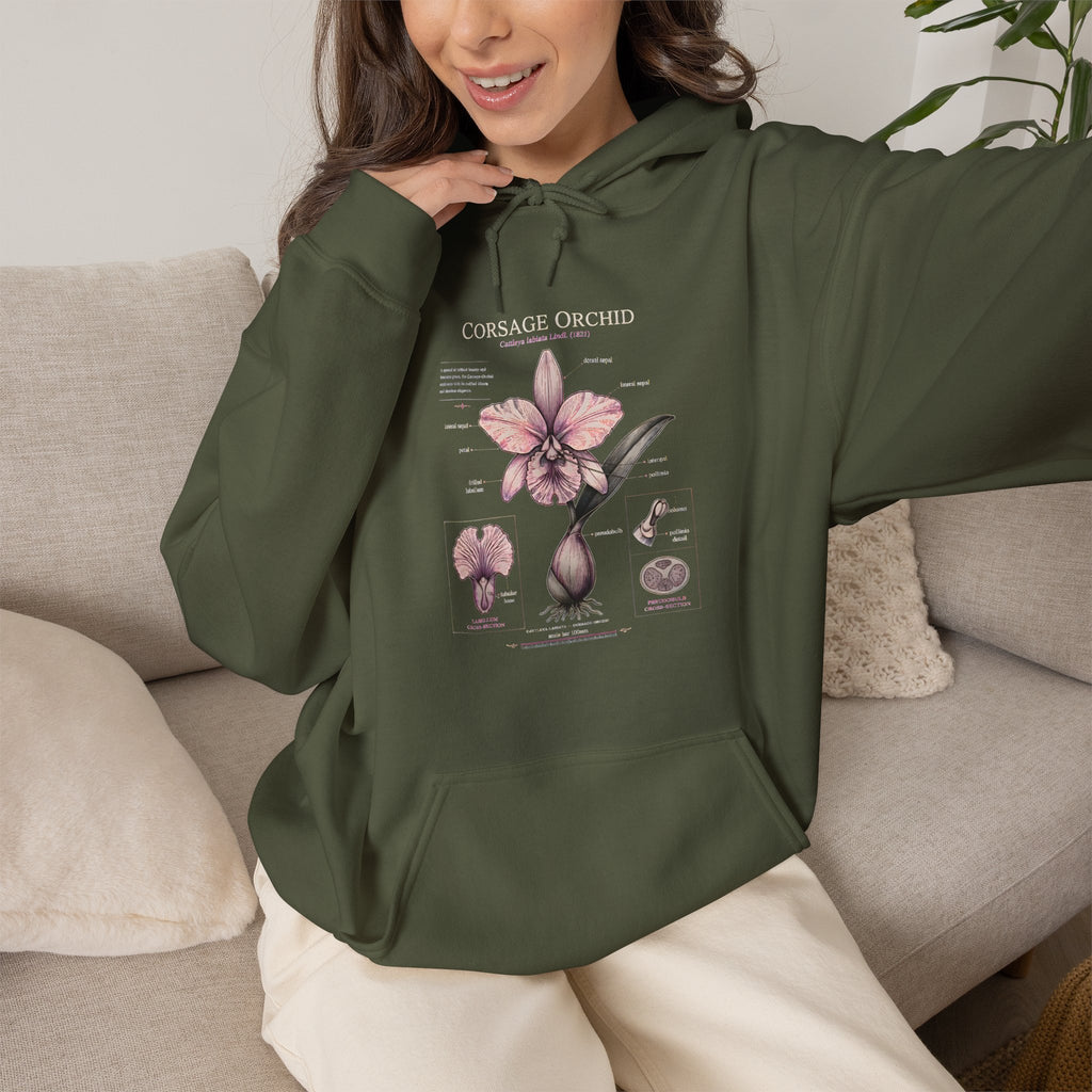 Orchid Botanical Hoodie — Cattleya Orchid Illustration Floral Pullover