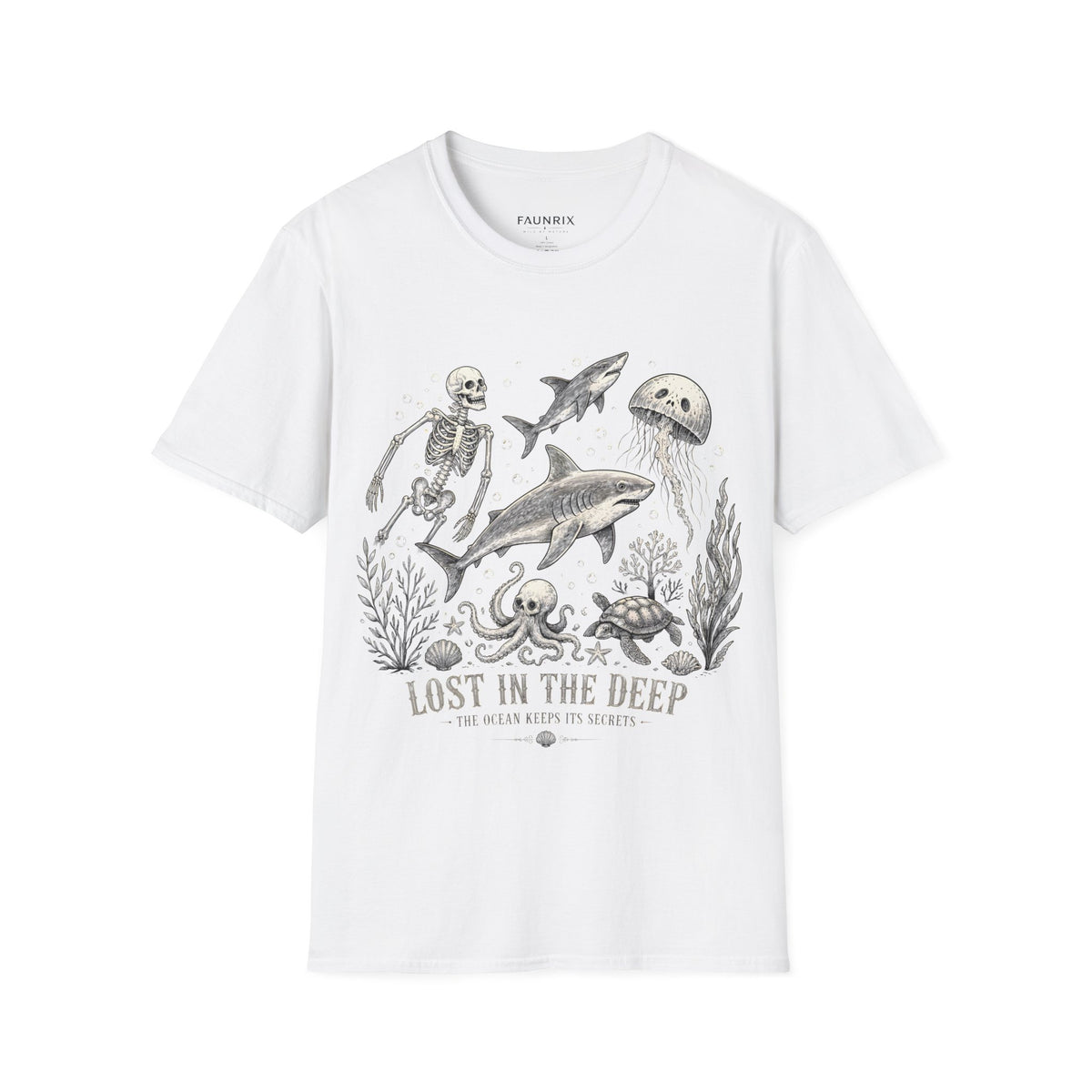 Ocean Skeleton Tee — "Lost in the Deep" Shark & Jellyfish Graphic Shirt