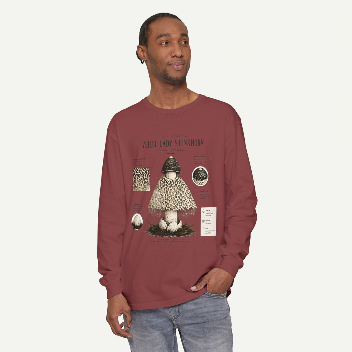 Veiled Lady Stinkhorn Mushroom Long Sleeve Tee — Botanical Fungi Illustration