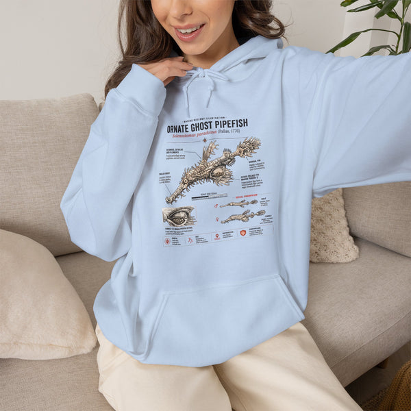 Ornate Ghost Pipefish Anatomy Hoodie — Scientific Diagram Pullover